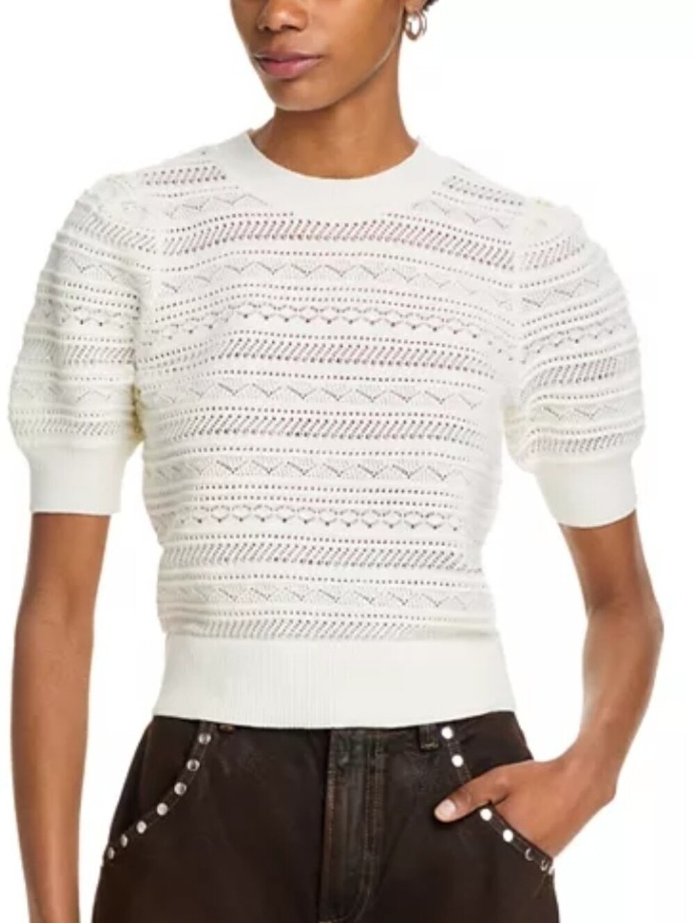 AQUA short-sleeve pointelle knit sweater